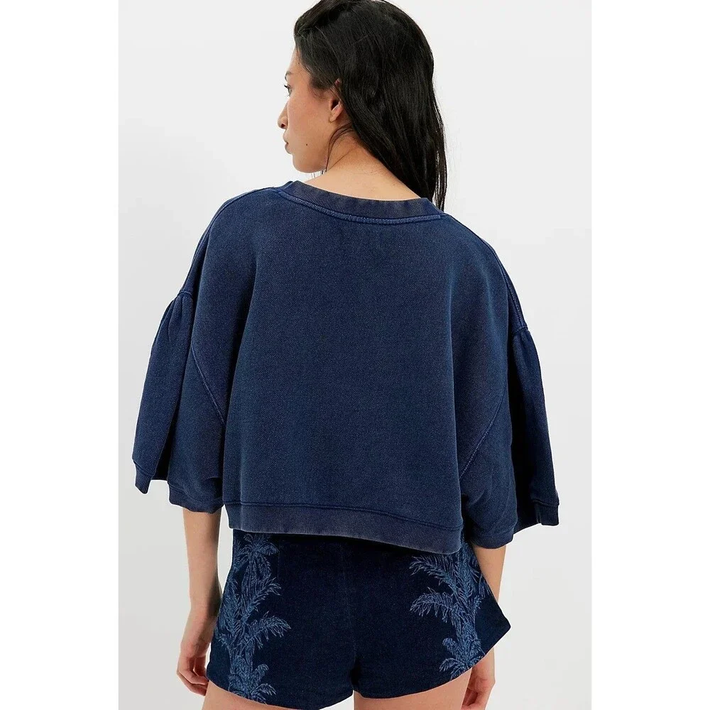 Free People Cape Me Cozy Cardi Blouse Top Cropped Crew Neck Cotton Boxy L 289850